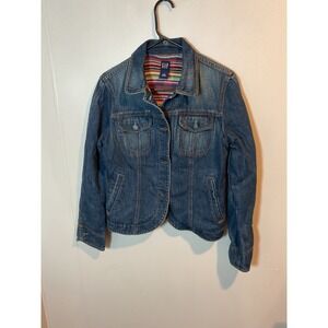 GAP Denim Jacket Womens Small Blue Jean Coat Colorful Striped Lined Button Small